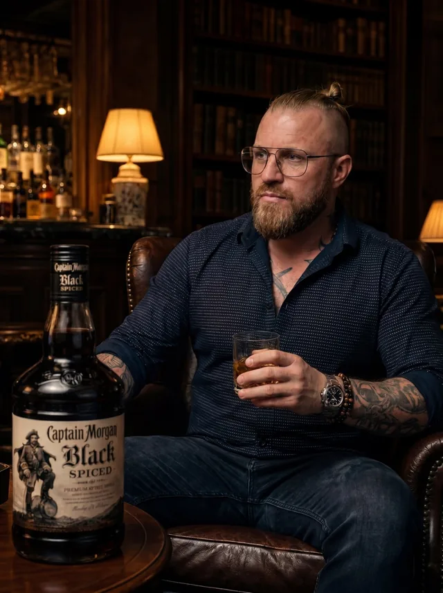 Micha, Gründer von Der RUMtreiber, mit einem Glas Rum im Sessel einer Bibliothek